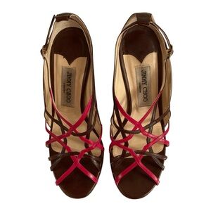 JIMMY CHOO | 'Esther' Leather Wrap Strap Stiletto Heels Brown/Berry Sz 37.5 IT